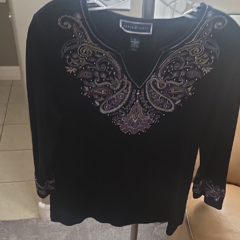 Karen Scott Black Top with Purple Embroidery
